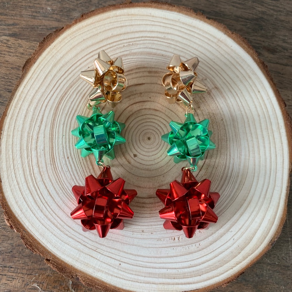 Shiny Retro Tri-Colored Metal Christmas Bow Dangle Earrings